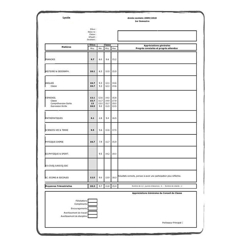 Relevé de notes Lycée (avec appréciations) - FR