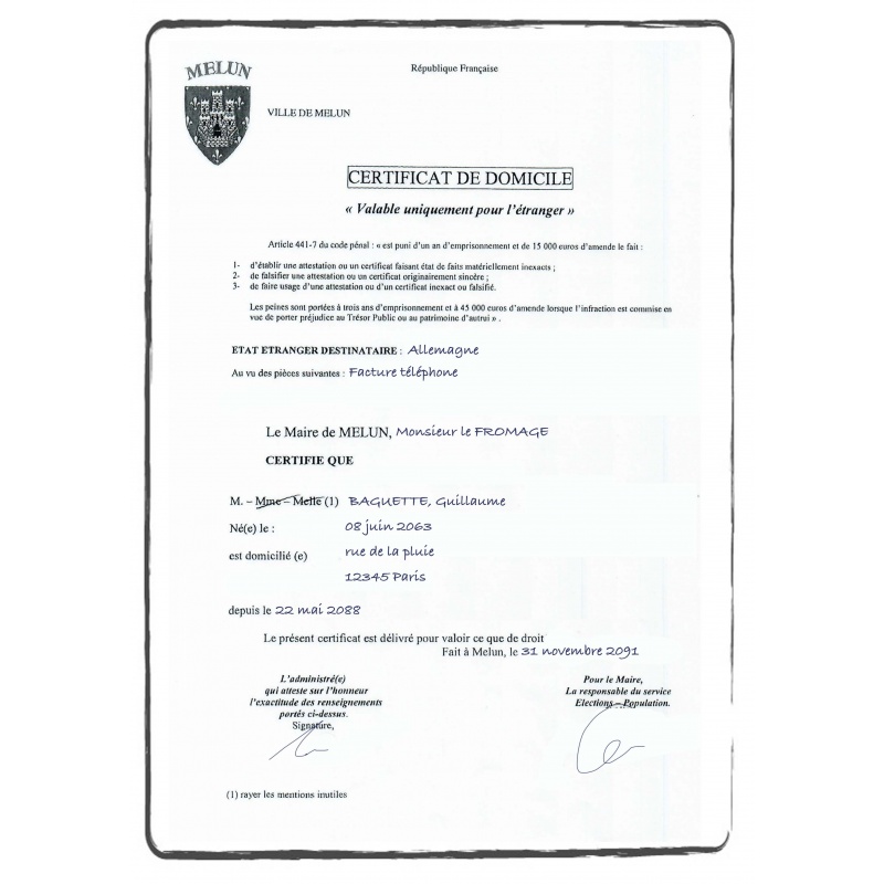certificado de domicilio / certificado de residencia FR francés certificado de domicilio / certificado de residencia FR francés